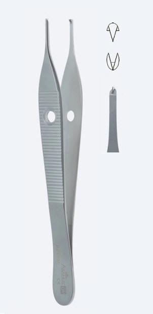 Пінцети "Adson", для тканин, делікатні, з отворами, прямі, кінчик 1,5 мм, зубці 1 х 2, загальна довжина 120 мм. Бренд - Asanus Medizintechnik Gmb, Німеччина